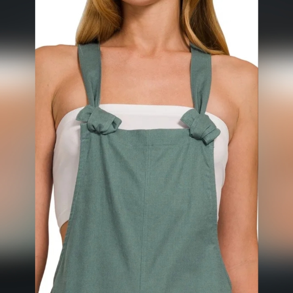 New Dark Olive Knotted Wide Leg Stretch Cotton Overall Jumpsuit - Picture 8 of 11